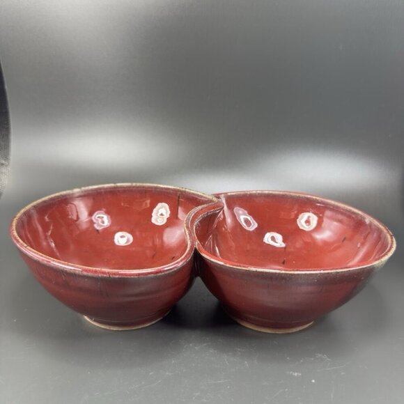 Vintage Hand Made Studio Art Pottery Divided Dish Double Salsa Bowl Chip N Dip - Picture 16 of 16